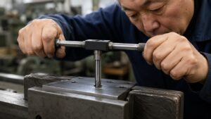 ハンドリーマーで金属板の穴を広げて整える日本人職人