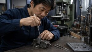 リーマで金属部品の下穴を精密に仕上げる日本人職人