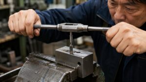タップで金属の下穴にめねじを加工する日本人職人