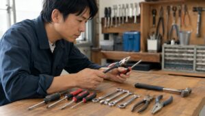ドライバーやレンチなど手工具の英語表記を確認する日本人男性