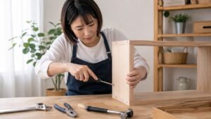 ドライバーを使って木製シェルフを組み立てる日本人女性と手作業工具