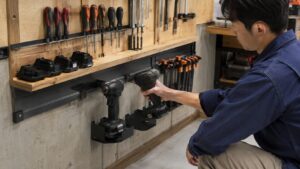 電動工具を低い位置の専用ホルダーに収納する安全な壁掛け作業場