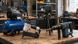 高価買取されやすいコンプレッサーや釘打ち機と測定工具を作業台に並べた様子