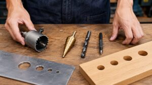 ホルソーやタケノコドリルなど穴あけ工具を作業台に並べた比較画像