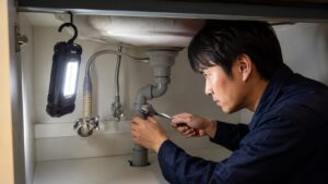 フック付き作業ライトを吊り下げてシンク下の配管作業をする日本人男性