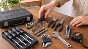 家庭用工具セットとして使いやすいドライバーやソケットレンチを並べた作業台