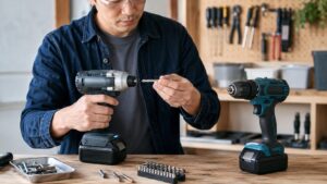 インパクトドライバーの六角チャックに工具ビットを取り付ける日本人男性