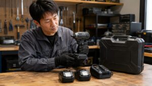 工具買取の査定前にインパクトドライバーとバッテリーやケースを確認する日本人男性