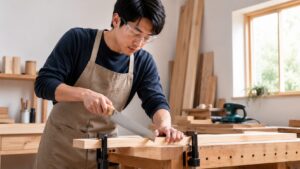 クランプで固定した木材を手ノコで切断する日本人男性