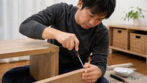 家具を組み立てながらプラスドライバーでネジを締める日本人男性
