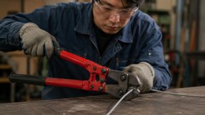 ボルトクリッパーで金属線を切断する日本人作業者