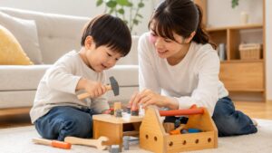 日本人親子が木製の工具おもちゃで安全に遊ぶ様子