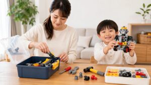 日本人親子が工具おもちゃを収納しながら組み立て作品で遊ぶ様子