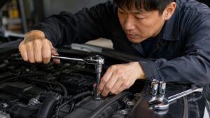日本人整備士が車のエンジンルームでラチェットとソケットを使って作業している様子