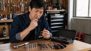 KTC工具の購入を検討する日本人男性が作業場でラチェットやソケットを確認している様子