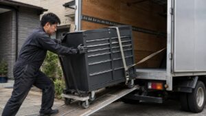大型工具キャビネットをトラックへ積み込む運搬作業の様子