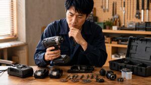 バッテリーや部品を確認しながら長く使える工具を選ぶ日本人男性