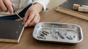 家具組み立て中にマグネットトレーでネジやナットを整理して紛失を防ぐ作業風景