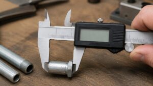 デジタルノギスで金属ボルトの外径を測定する精密作業