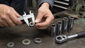 ナットの二面幅をノギスで測りソケットサイズを確認する工具選びの作業風景