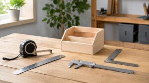メジャーや直尺やL字定規やノギスを作業台に並べた測定工具一式