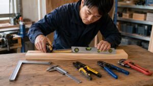 メジャーや水平器で木材を測定する日本人男性と測定工具・専門工具