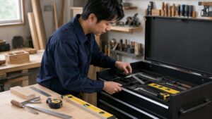 測定工具と工具収納の英語表記を説明するため工具箱を整理する日本人男性