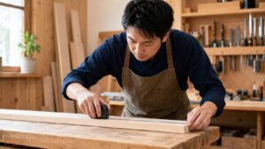 木工用の板材をコンベックスメジャーで測定する日本人男性