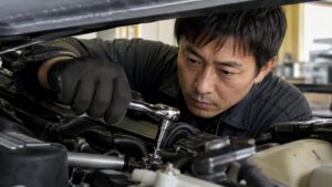 車のエンジンルームでラチェットレンチを使い、狭い場所のボルトを回す整備士