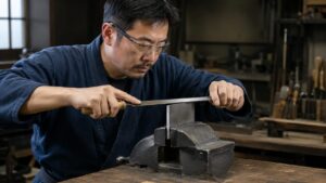 万力に固定した金属部品を平ヤスリで削る日本人作業者