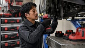 赤系のコードレス工具で自動車整備を行う日本人整備士と工具収納