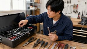 工具箱の中から使用頻度の高い工具を選び分ける日本人作業者の様子