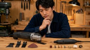 マルチツールとリューターの違いを作業台で比較する日本人男性