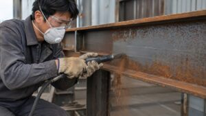 ニードルスケーラーで鉄骨のサビを除去するケレン作業