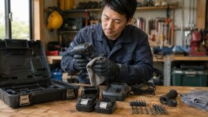 工具買取王国へ売る前に電動工具とバッテリーを清掃する日本人男性