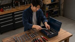 作業台でラチェットやレンチを整理しながら工具箱に収納する日本人男性