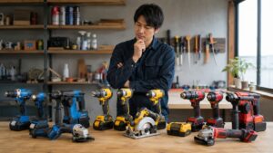 ボッシュ・デウォルト・ミルウォーキー系の電動工具を作業場で比較する日本人男性