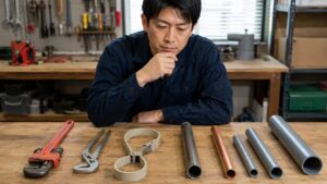 パイプ材質に合わせて配管工具を選ぶ日本人作業者