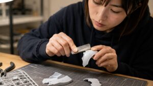 プラモデルのパーツをヤスリで丁寧に整える日本人女性
