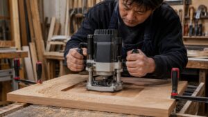 プランジルーターで木材中央を座掘り加工する日本人男性