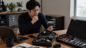 展示会後に工具の価格や付属品を確認して購入判断する日本人男性