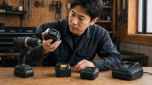 電動工具本体とバッテリーの端子形状や互換性を確認する日本人男性