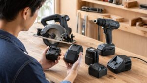 電動工具用バッテリーの容量や形状を作業台で比較する日本人男性