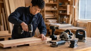 電動 工具 英語の種類を説明するため作業台に並べたドリルや丸のこやサンダー