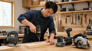 電動ドリルや丸ノコなど電動工具を使って木工作業をする日本人男性