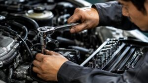 高級ラチェットとソケットを使って車のエンジン整備を行う日本人メカニックの手元