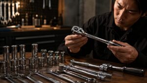 高級工具を比較する日本人男性が作業台でラチェットやソケットを確認している様子