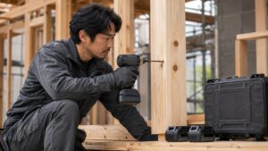 プロの職人が高出力インパクトドライバーで木材にビスを打つ様子