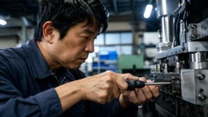 プロ向けドライバーで機械設備のネジを締める日本人作業員