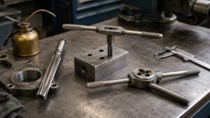 リーマー・タップ・ダイスを並べた穴加工とねじ切り工具